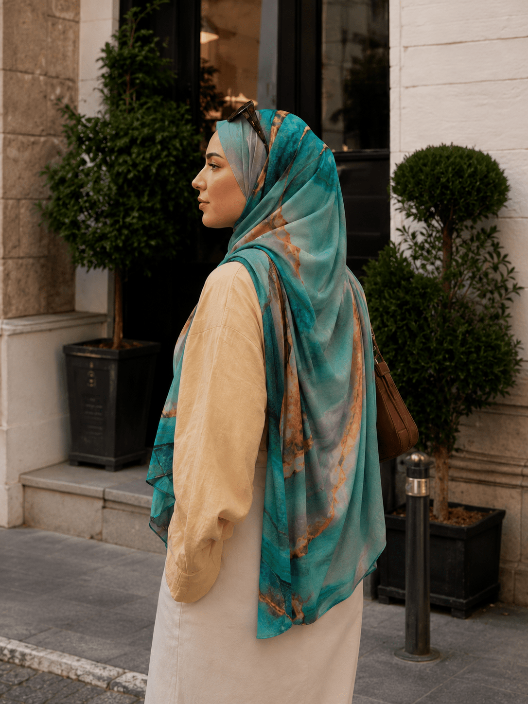 Aqua Copper Marble Mercerized Cotton Hijab | Lunar Elegance