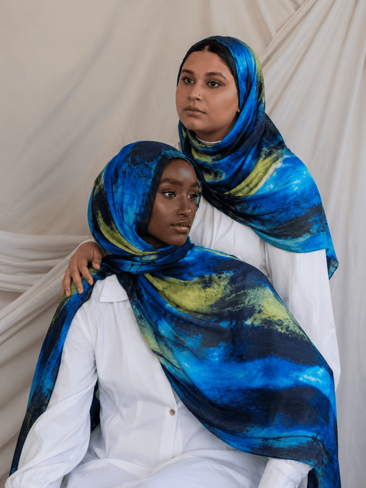 Ocean Blue Marble Mercerized Cotton Hijab | Lunar Elegance