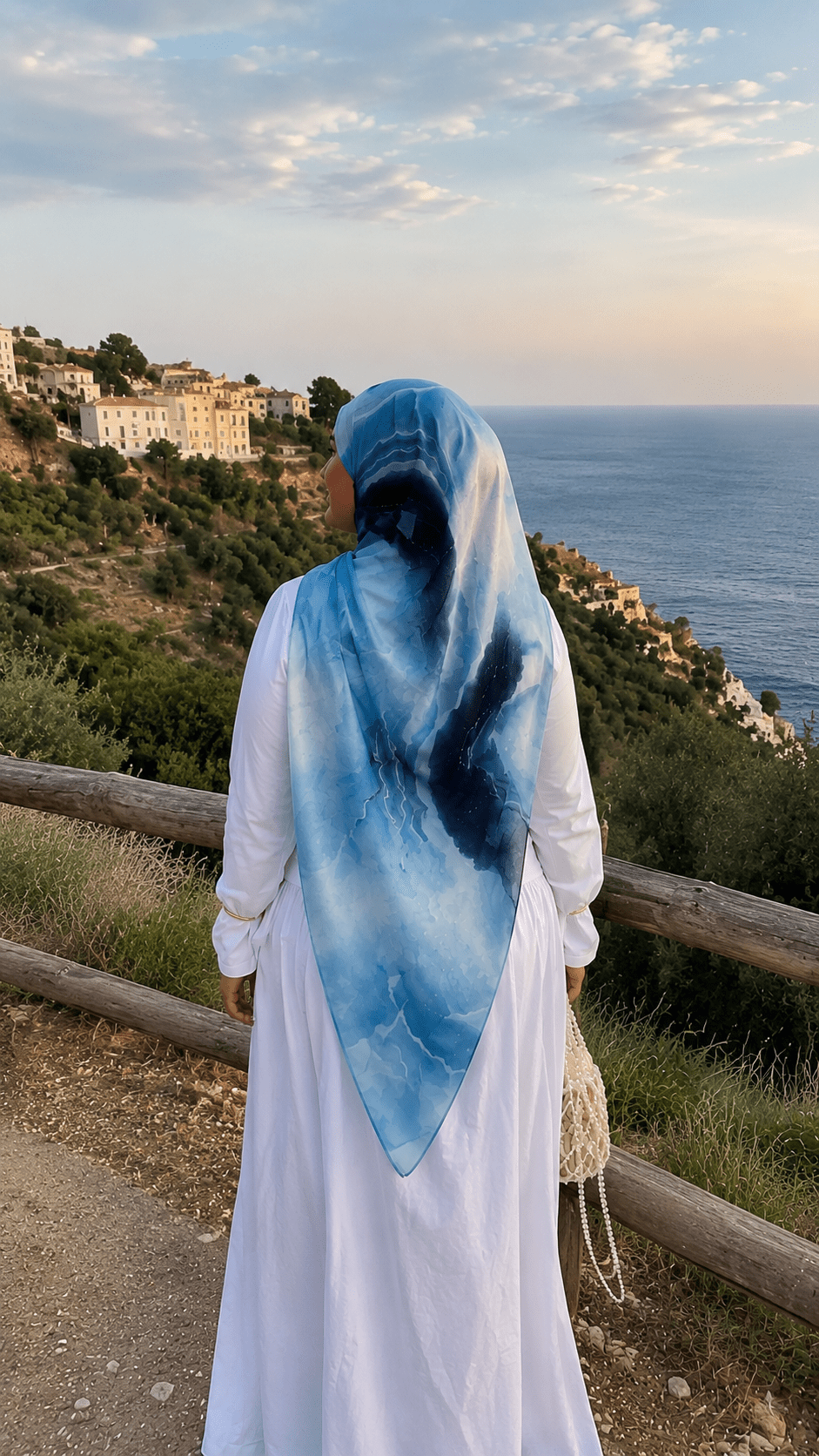 Ocean Blue White Cloud Wash hijab shawl - view 4
