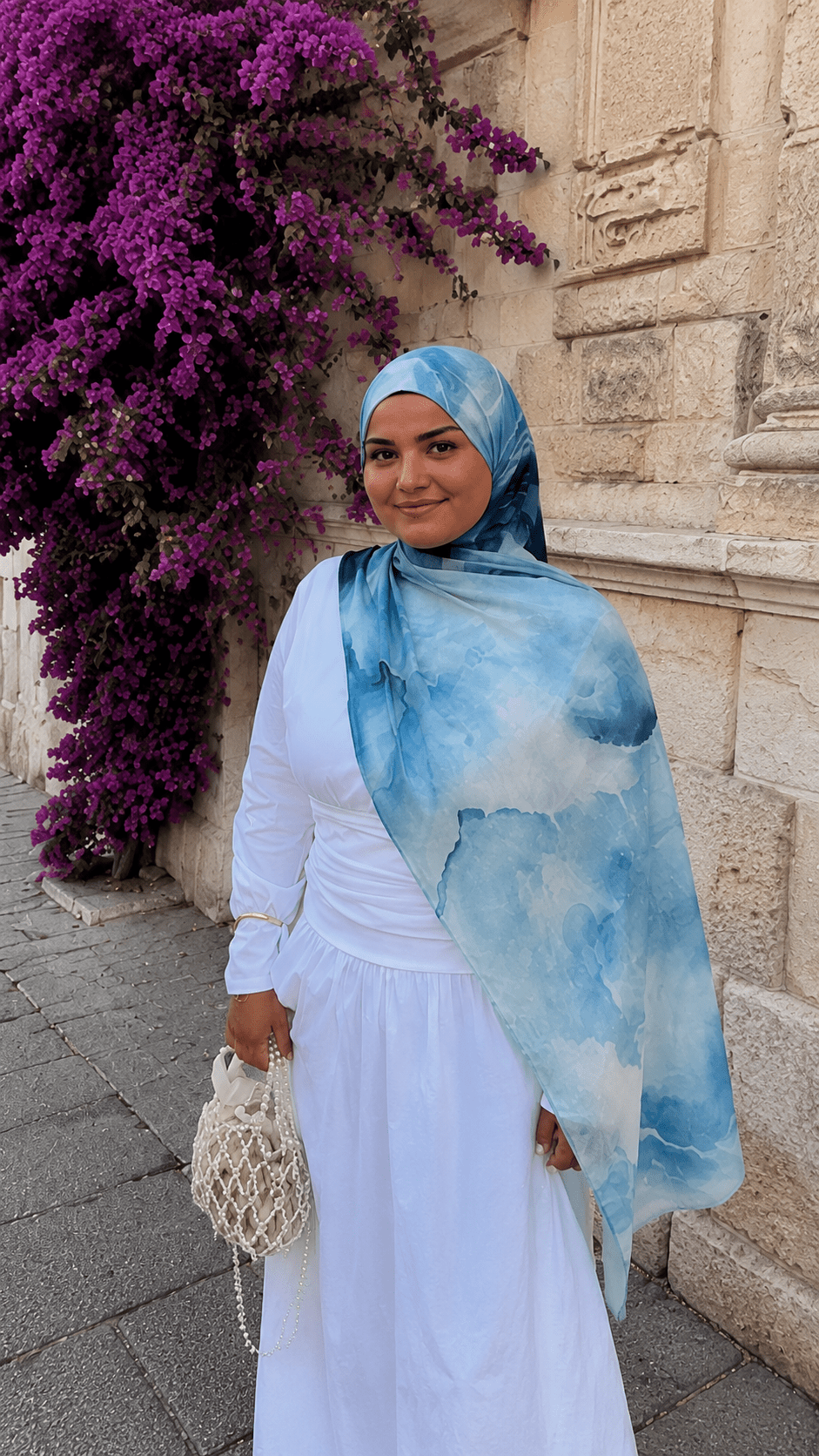 Ocean Blue White Cloud Wash hijab shawl - view 2