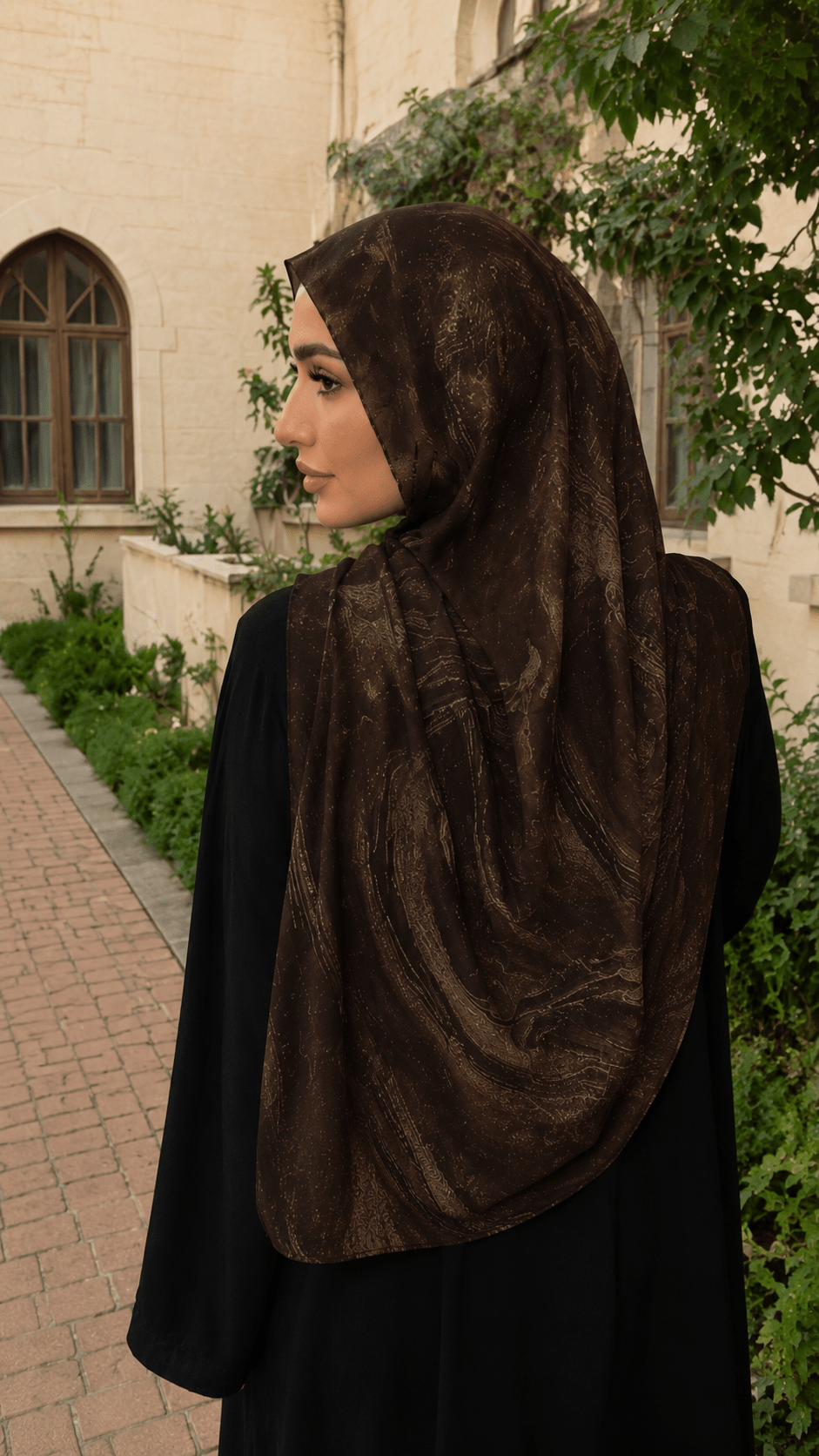 Dark Brown Gold Metallic Flow hijab shawl - view 4