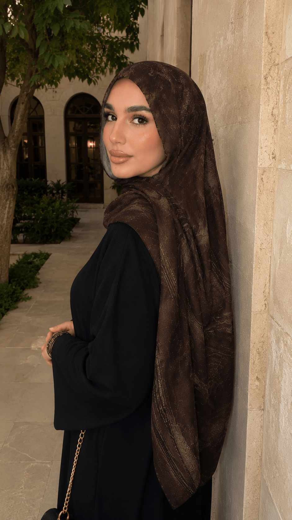 Dark Brown Gold Metallic Flow hijab shawl - view 3