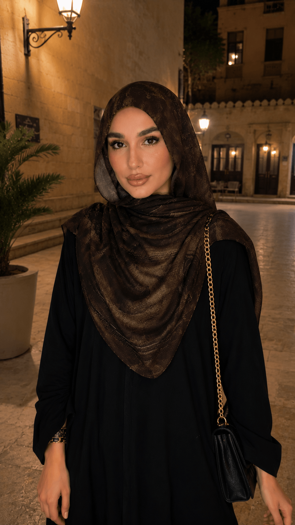 Dark Brown Gold Metallic Flow hijab shawl - view 6