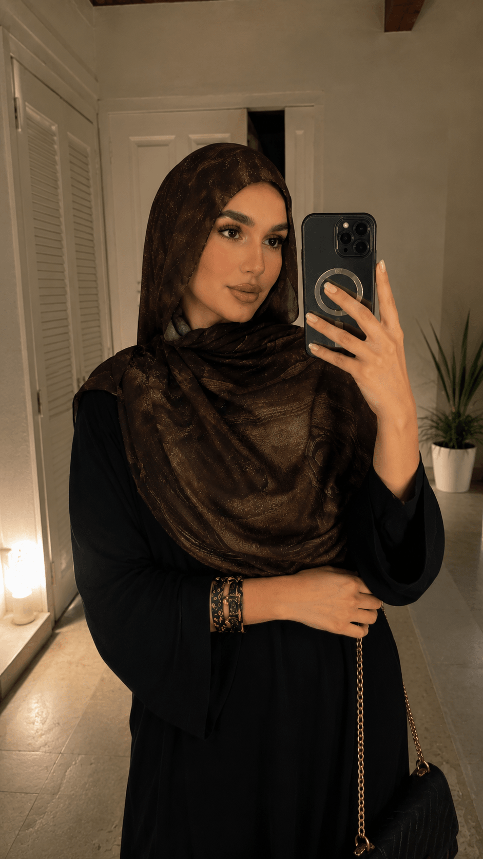 Dark Brown Gold Metallic Flow hijab shawl - view 5