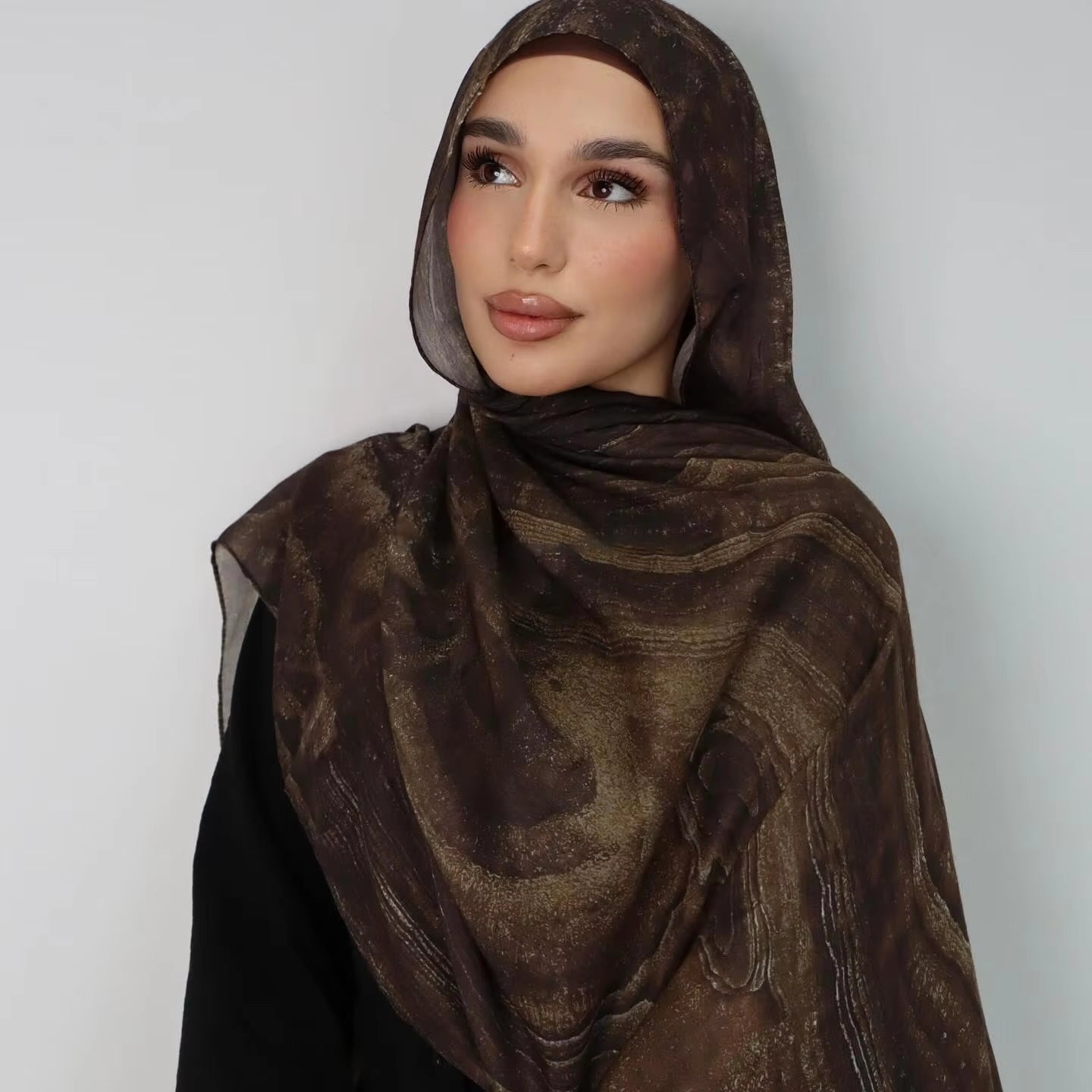 Dark Brown Gold Metallic Flow hijab shawl - view 1