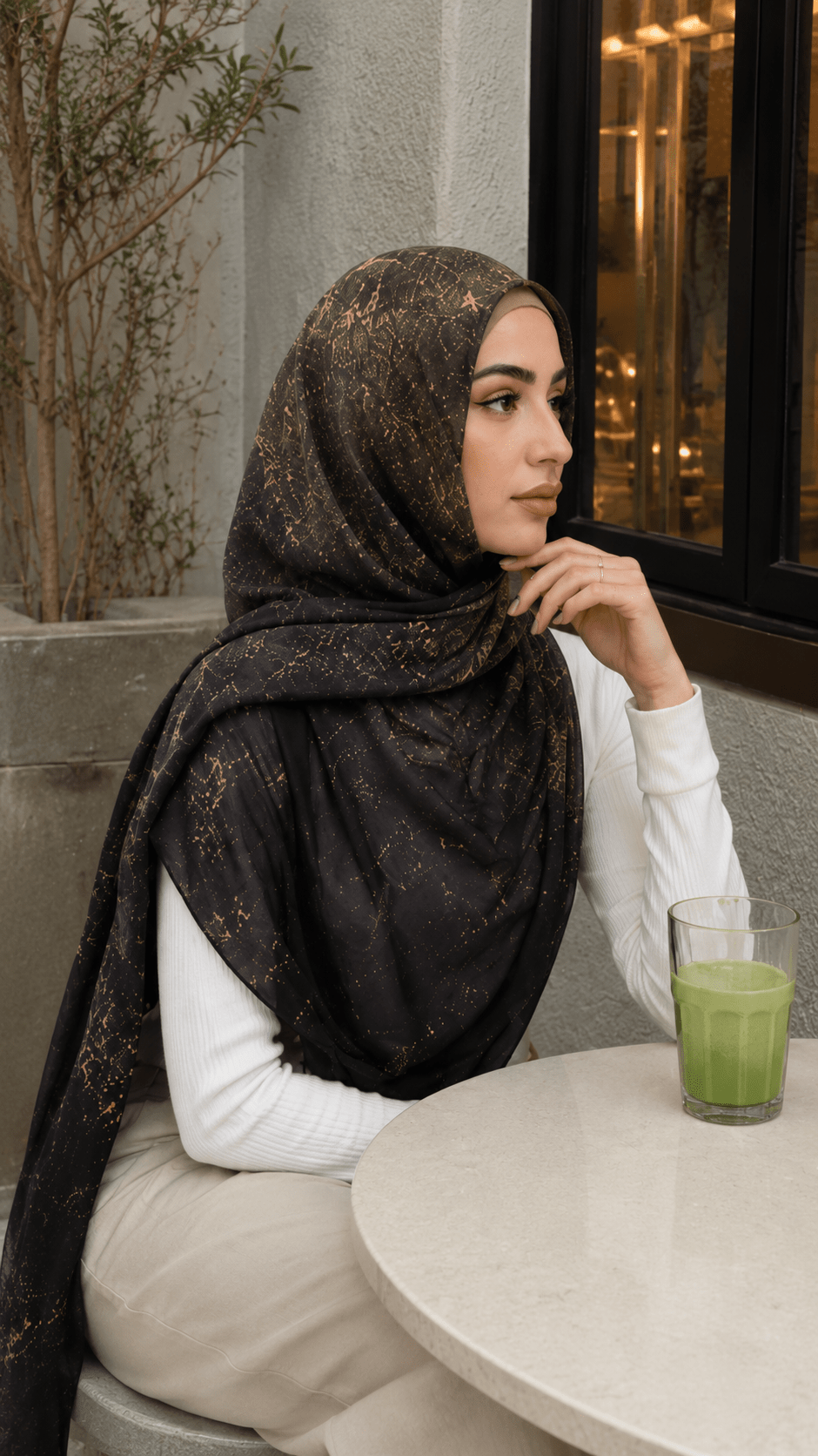 Olive Brown Gold Jacquard Floral hijab shawl - view 2