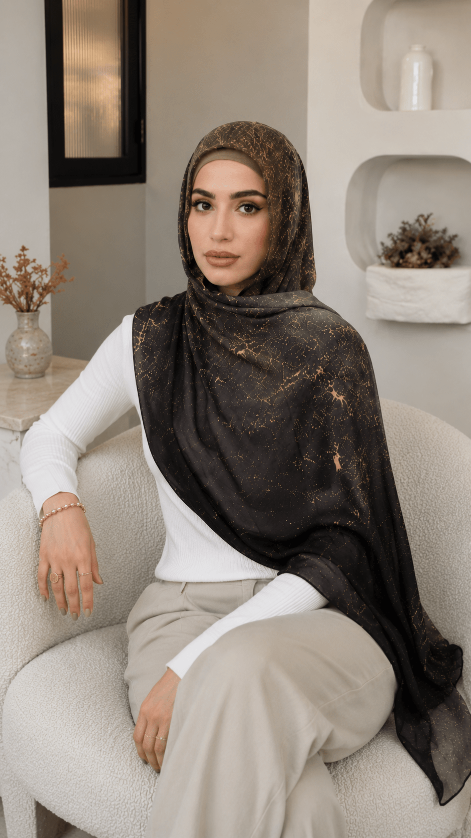 Olive Brown Gold Jacquard Floral hijab shawl - view 4