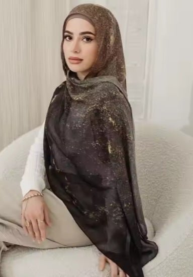Olive Brown Gold Jacquard Floral hijab shawl - view 1