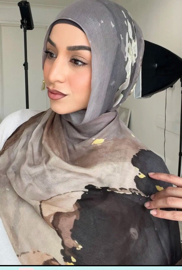 Grey Camel Black Ink Splash Ombre hijab shawl - view 1
