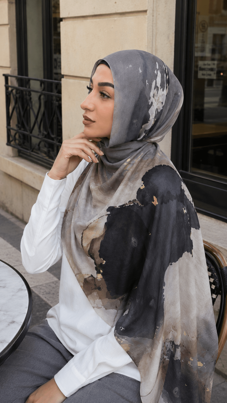 Grey Camel Black Ink Splash Ombre hijab shawl - view 2