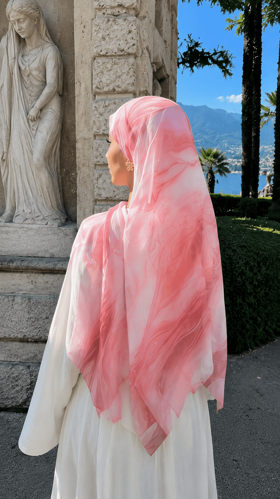 Coral Pink White Marble Flow hijab shawl - view 2