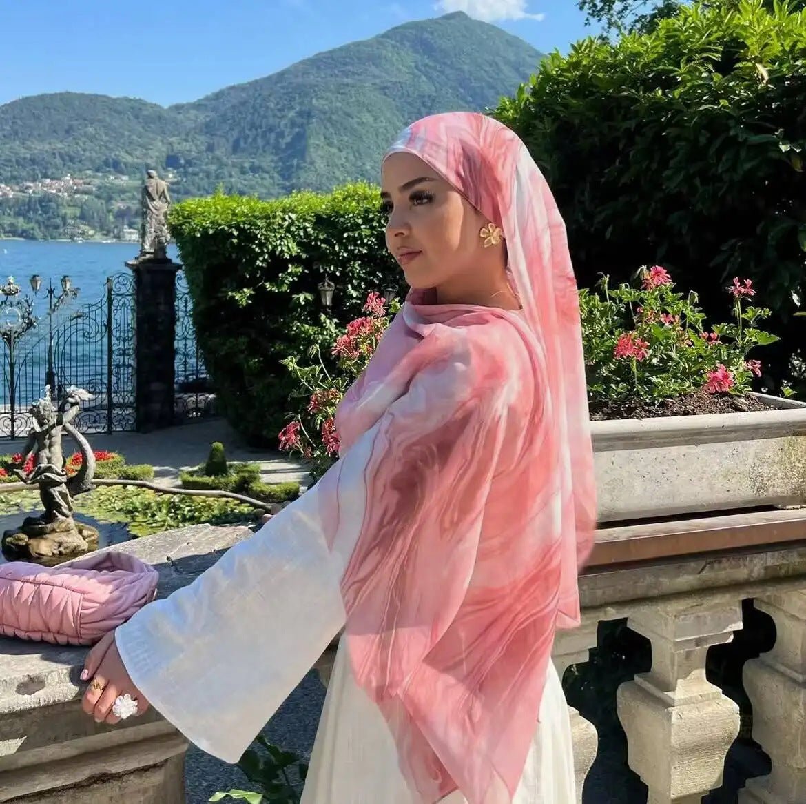 Coral Pink White Marble Flow hijab shawl - view 1