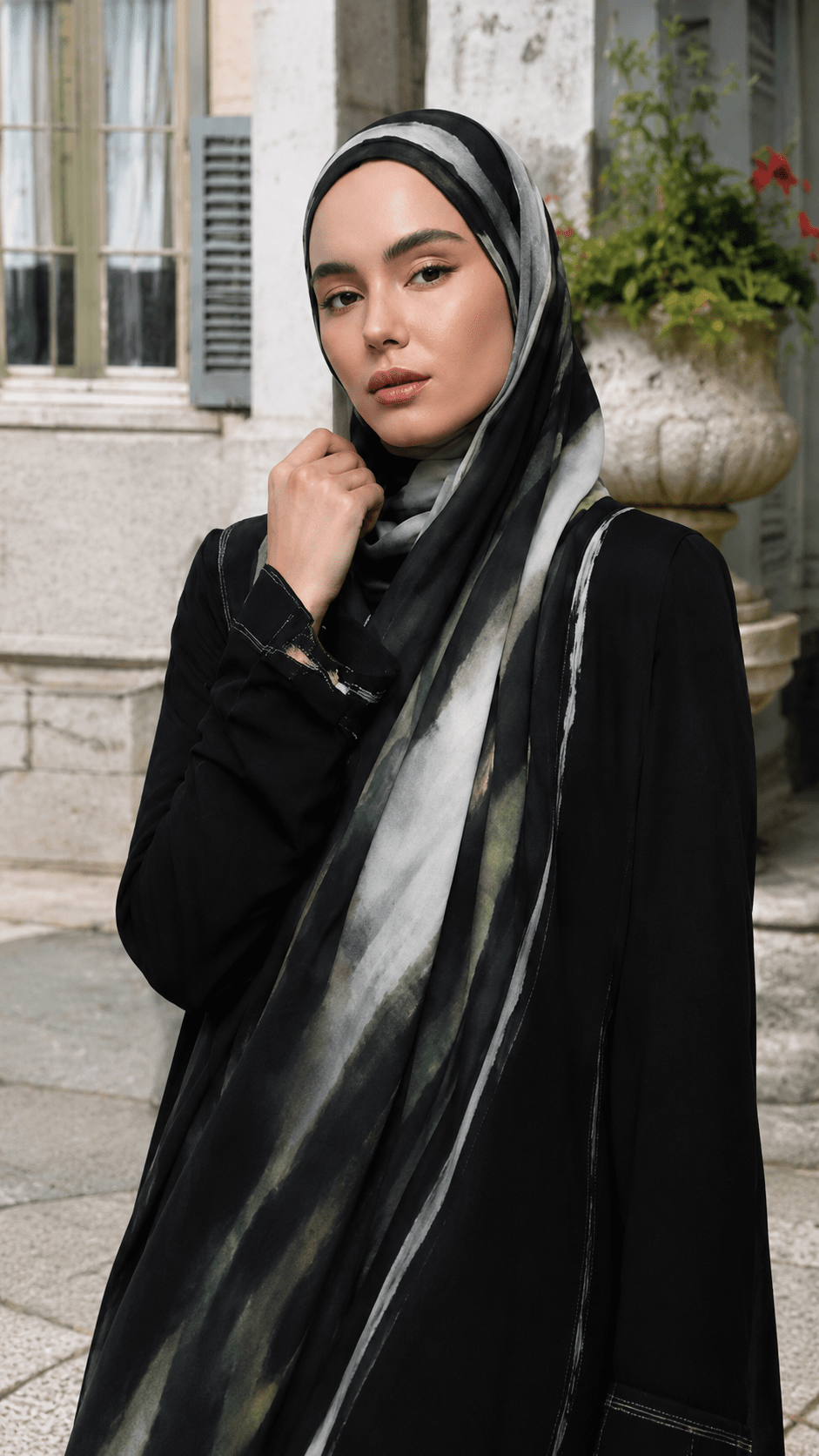Black Olive Green Grey Brushstroke hijab shawl - view 2