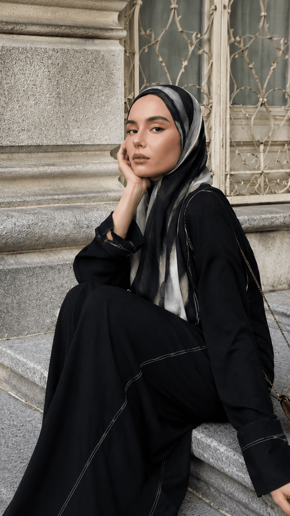 Black Olive Green Grey Brushstroke hijab shawl - view 5