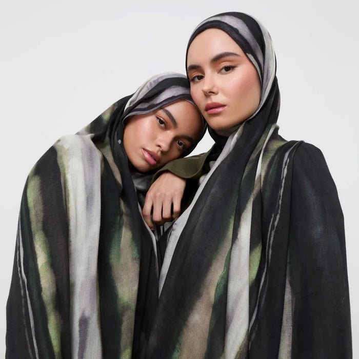 Black Olive Green Grey Brushstroke hijab shawl - view 1