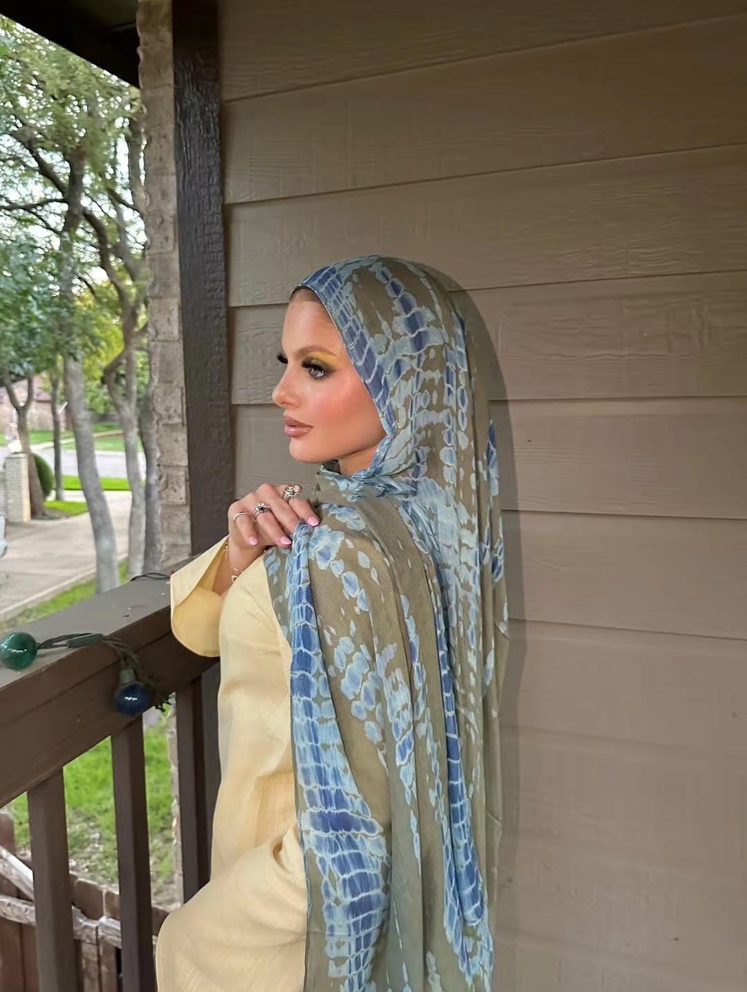 Olive Green Blue Grey Crackle Net hijab shawl - view 1