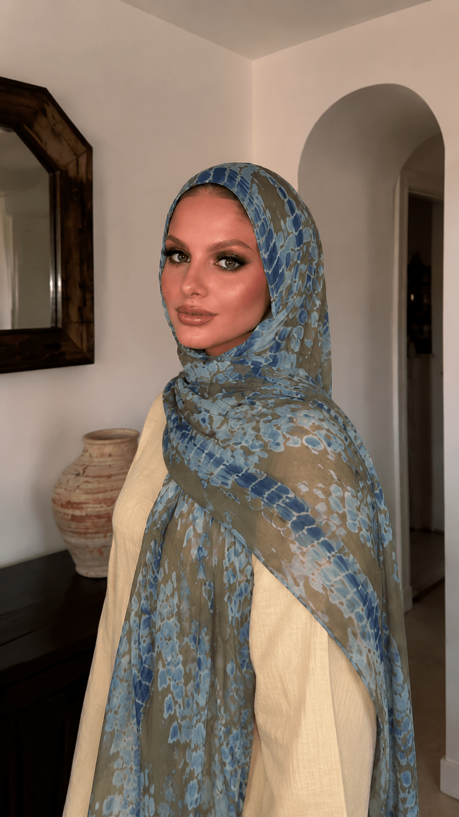 Olive Green Blue Grey Crackle Net hijab shawl - view 2
