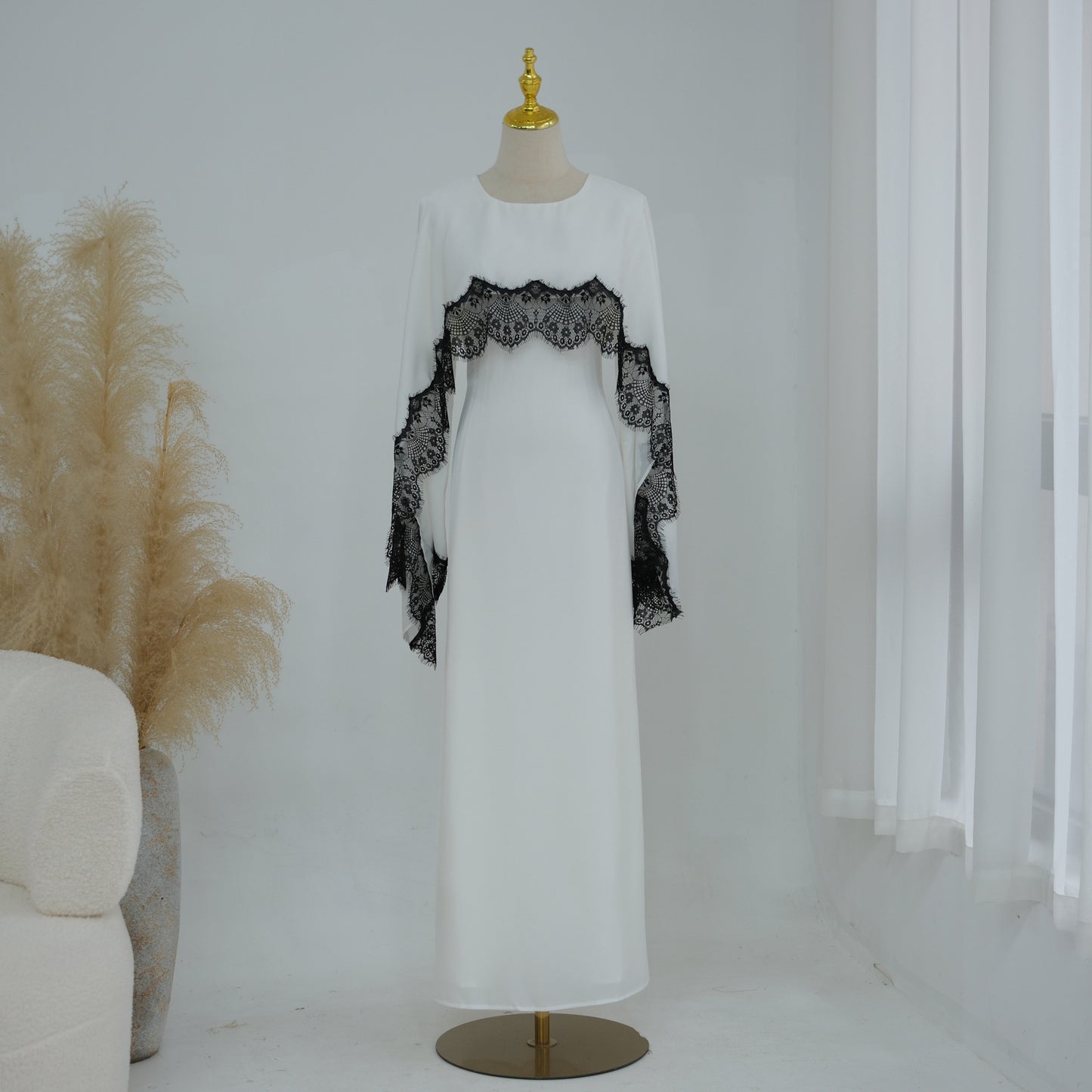 Lace Panel Cape Sleeve Modest Maxi Dress - Elegant Viscose Long Gown